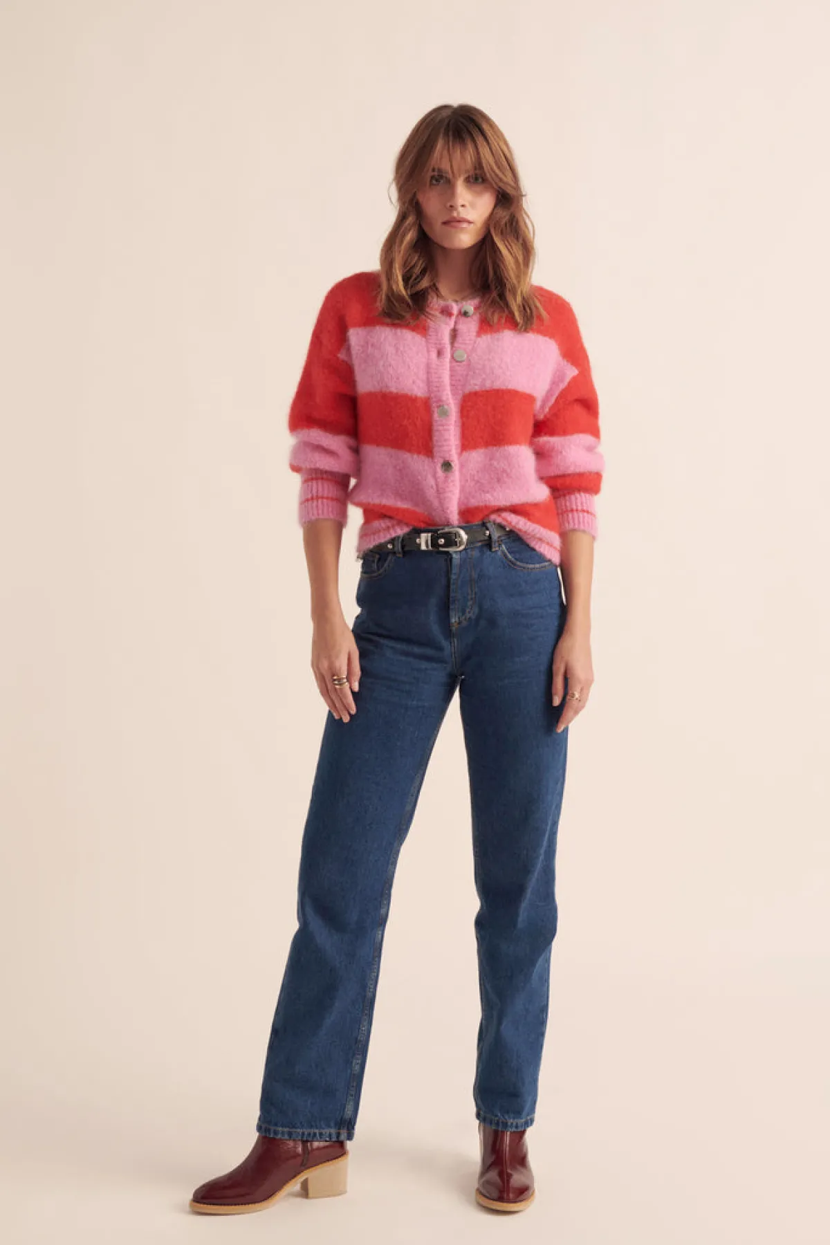 Balzac Paris Cardigan Douceur Rayures rose et rouge Sale