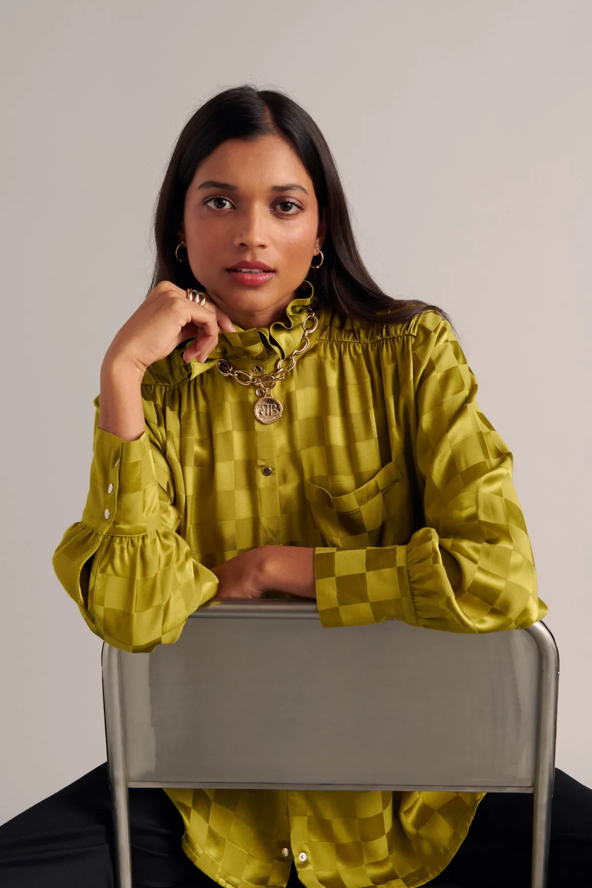 Balzac Paris Chemise Léonor Damier vert olive Flash Sale