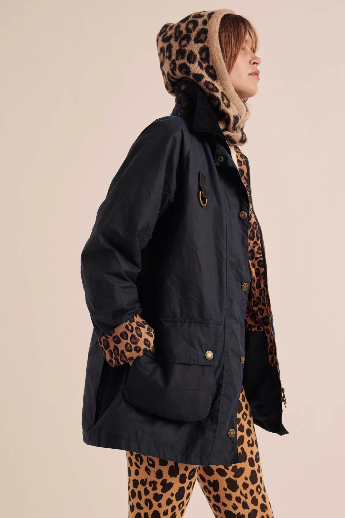 Balzac Paris Manteau Félicité marine et léopard Barbour x BP Capuche amovible vendue séparément Outlet